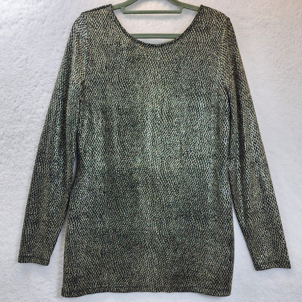 Womens Metallic Knit Tunic Top‎ Medium* Black Gold Shiny Glam GNO Clubwear Party